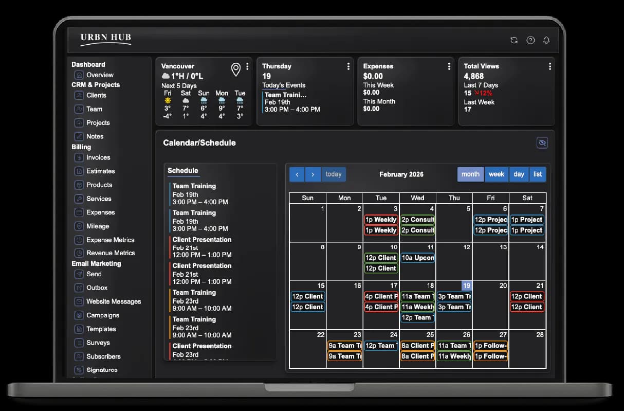 URBN Hub dashboard shown on a laptop