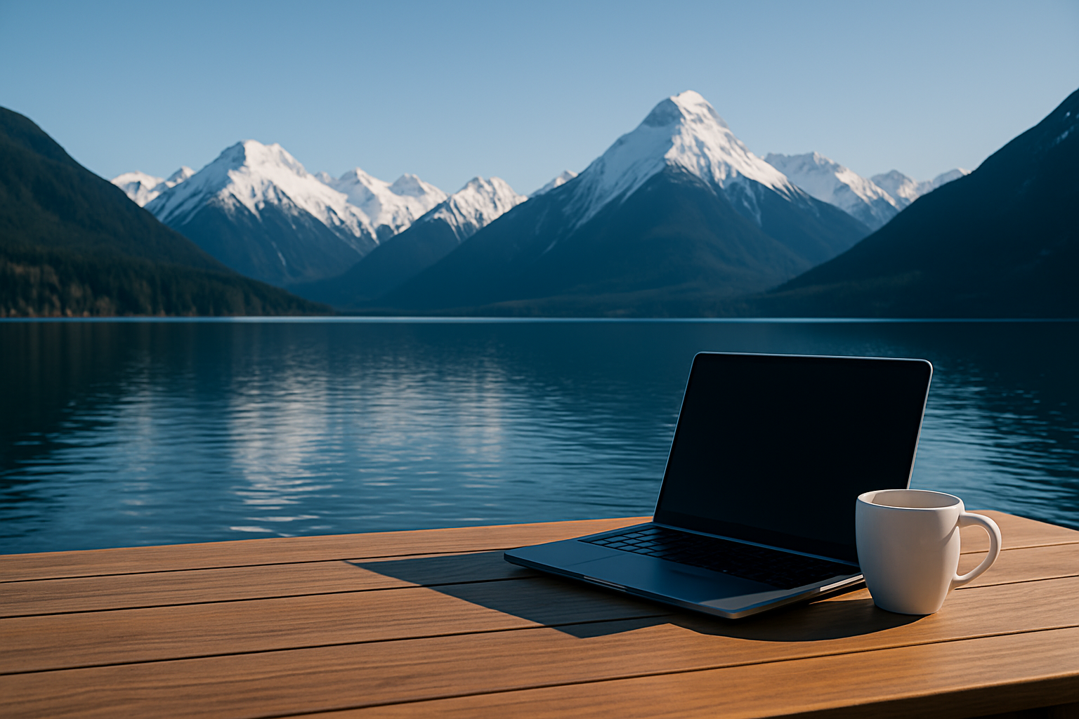snow capped mountains with a laptop on a table